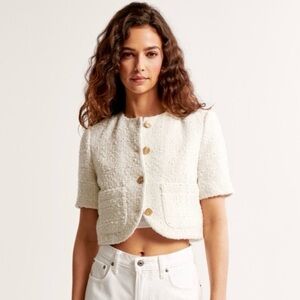 Abercrombie & Fitch Women’s Cream Tweed Top Size Large Gold Buttons Short Sleeve